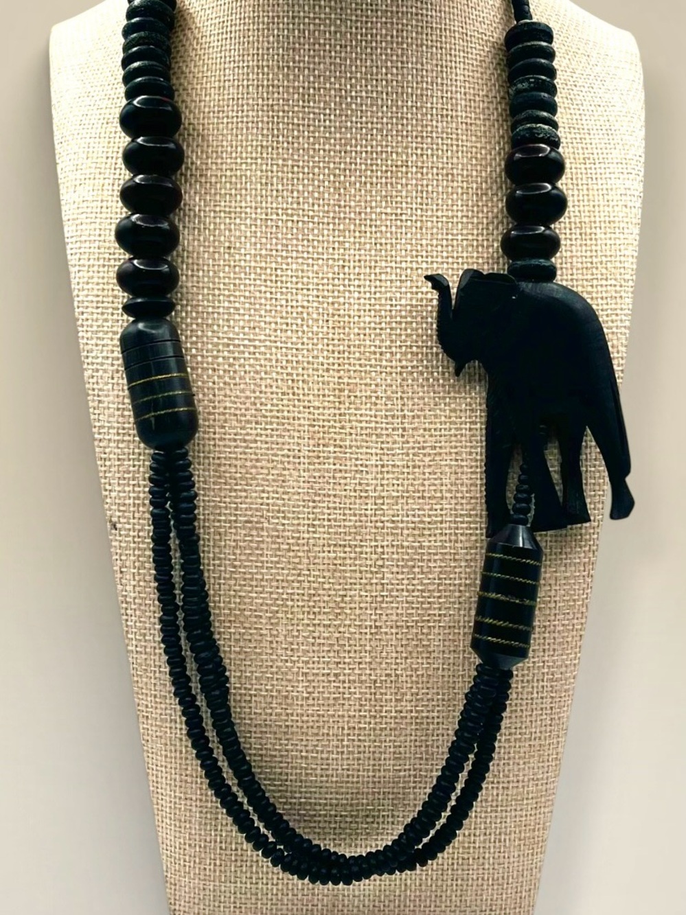 Vintage Hand Carved Wooden Elephant Beaded Statement Necklace